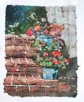 Red Geraniums in Blue Pots Batik